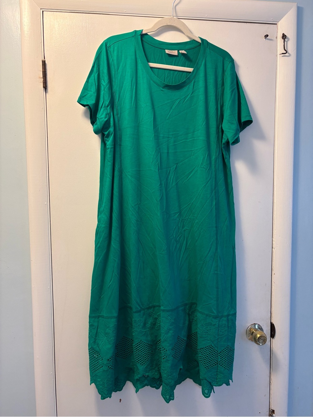 LOGO by Lori Goldstein Teal Green Maxi Dress with Lace Trim